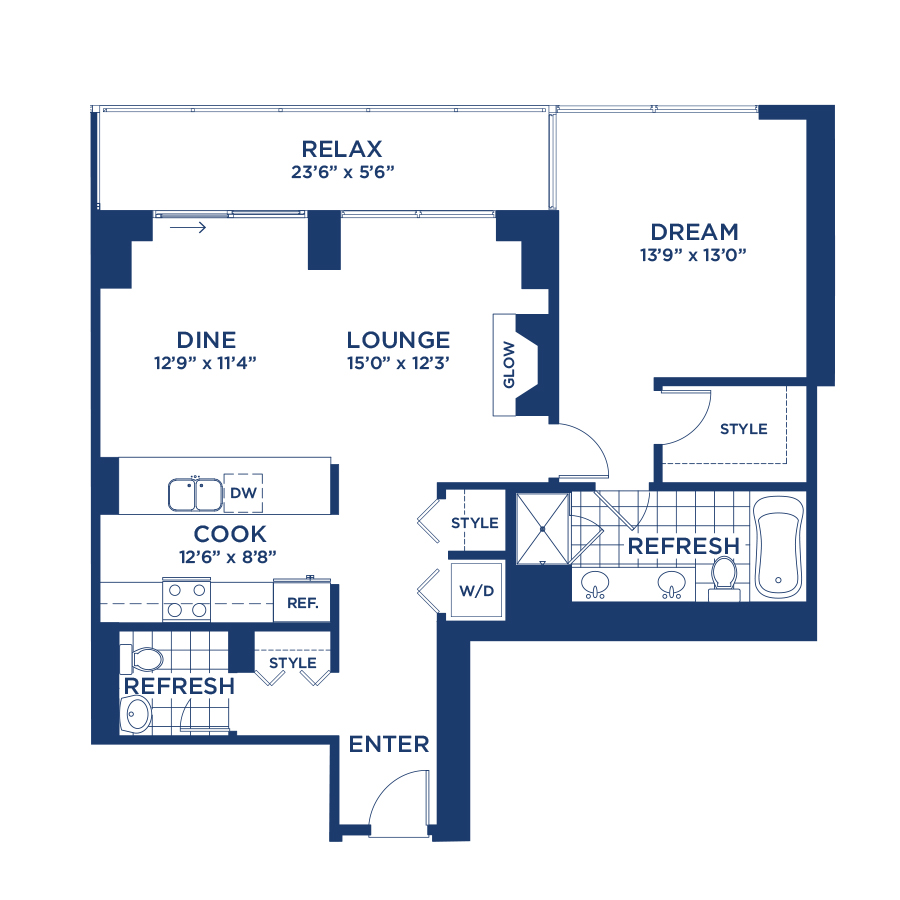 Rendering of the Penthouse 2701 floor plan with 1 bedroom[s] and 1.5 bathroom[s] at burnhampointechicago