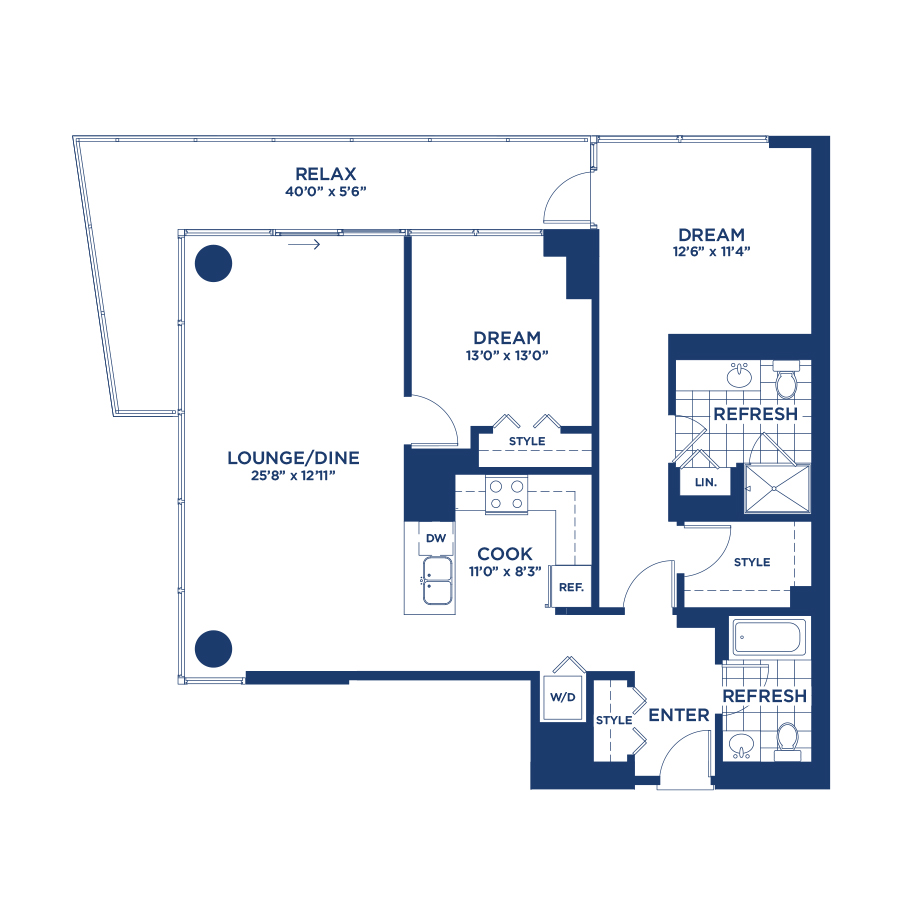 Rendering of the Residence 3 floor plan with 2 bedroom[s] and 2 bathroom[s] at burnhampointechicago