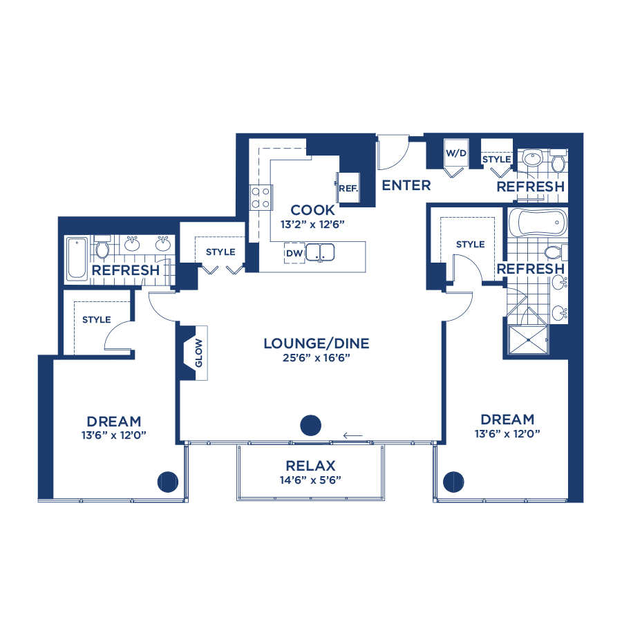 Rendering of the Penthouse 2806 floor plan with 2 bedroom[s] and 2.5 bathroom[s] at burnhampointechicago