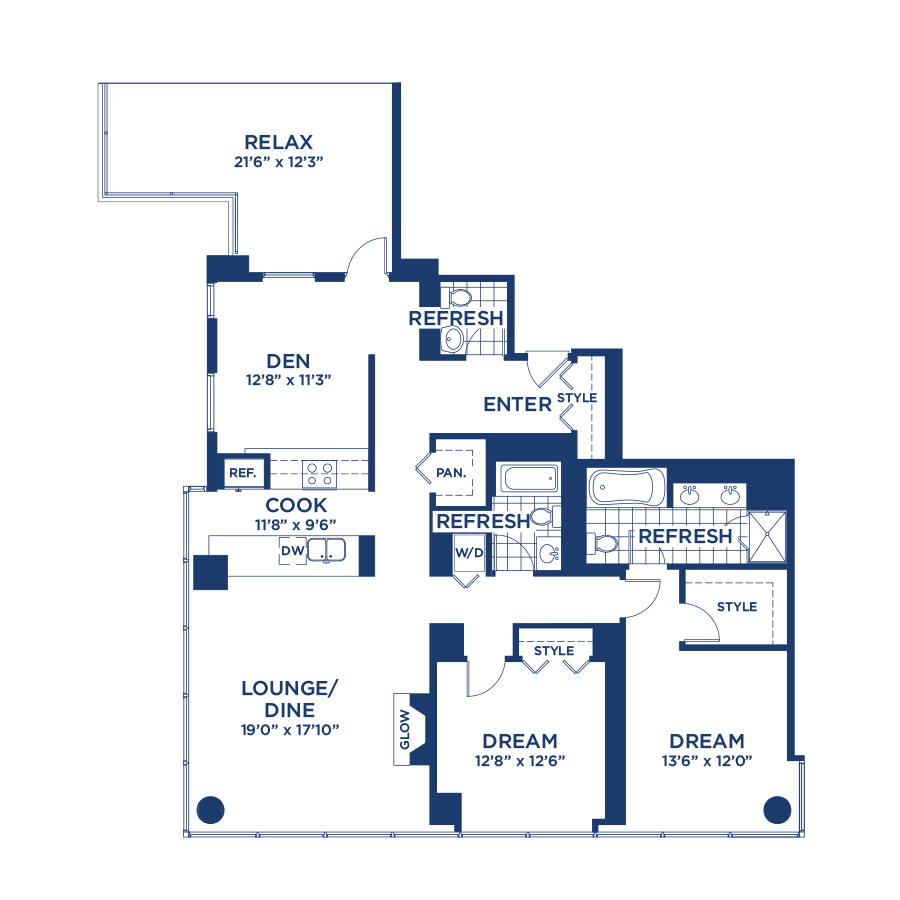 Rendering of the Penthouse 2704 floor plan with 2 bedroom[s] and 2.5 bathroom[s] at burnhampointechicago