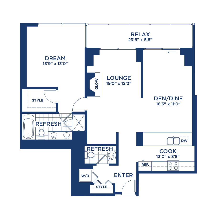 Rendering of the Penthouse 2712 floor plan with 1 bedroom[s] and 1.5 bathroom[s] at burnhampointechicago