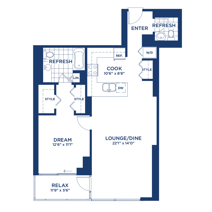 Rendering of the Residence 5 floor plan with 1 bedroom[s] and 1.5 bathroom[s] at burnhampointechicago