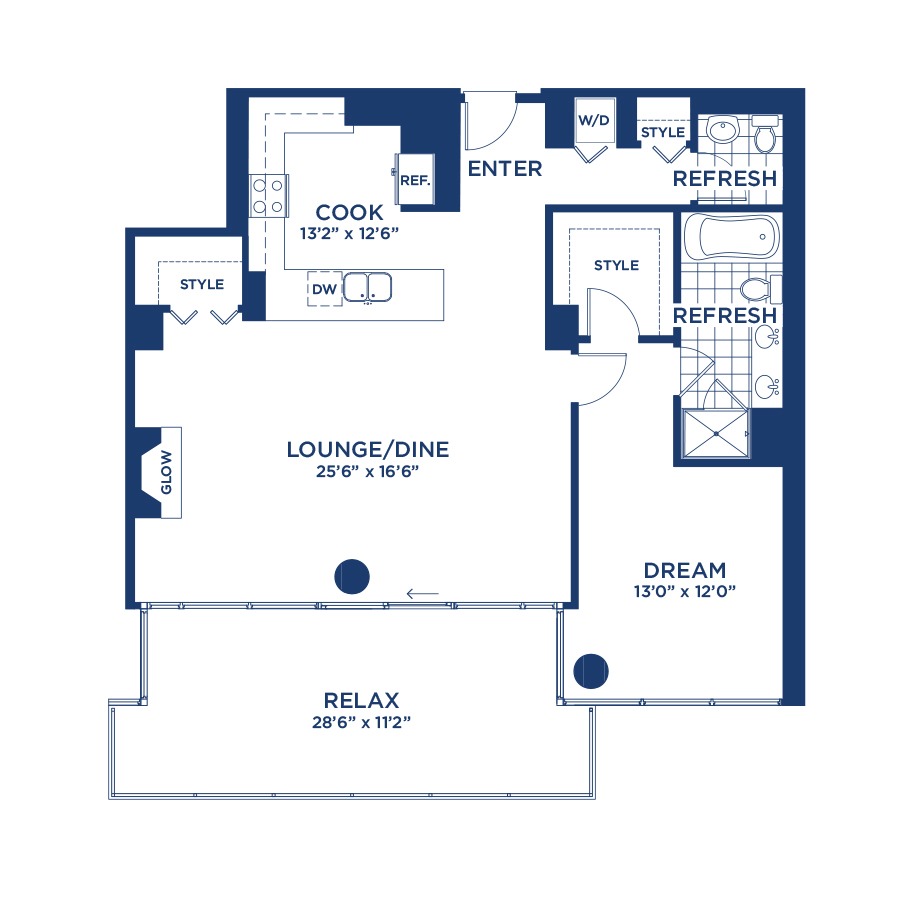 Rendering of the Penthouse 2706 floor plan with 1 bedroom[s] and 1.5 bathroom[s] at burnhampointechicago
