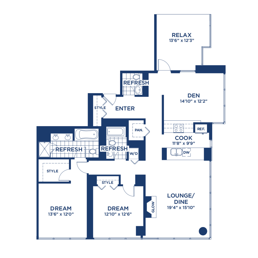 Rendering of the Penthouse 2709 floor plan with 2 bedroom[s] and 2.5 bathroom[s] at burnhampointechicago
