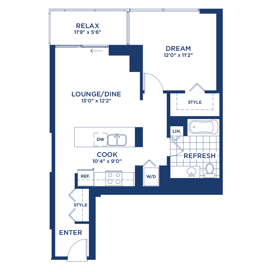 Rendering of the Residence 1 floor plan with 1 bedroom[s] and 1 bathroom[s] at burnhampointechicago