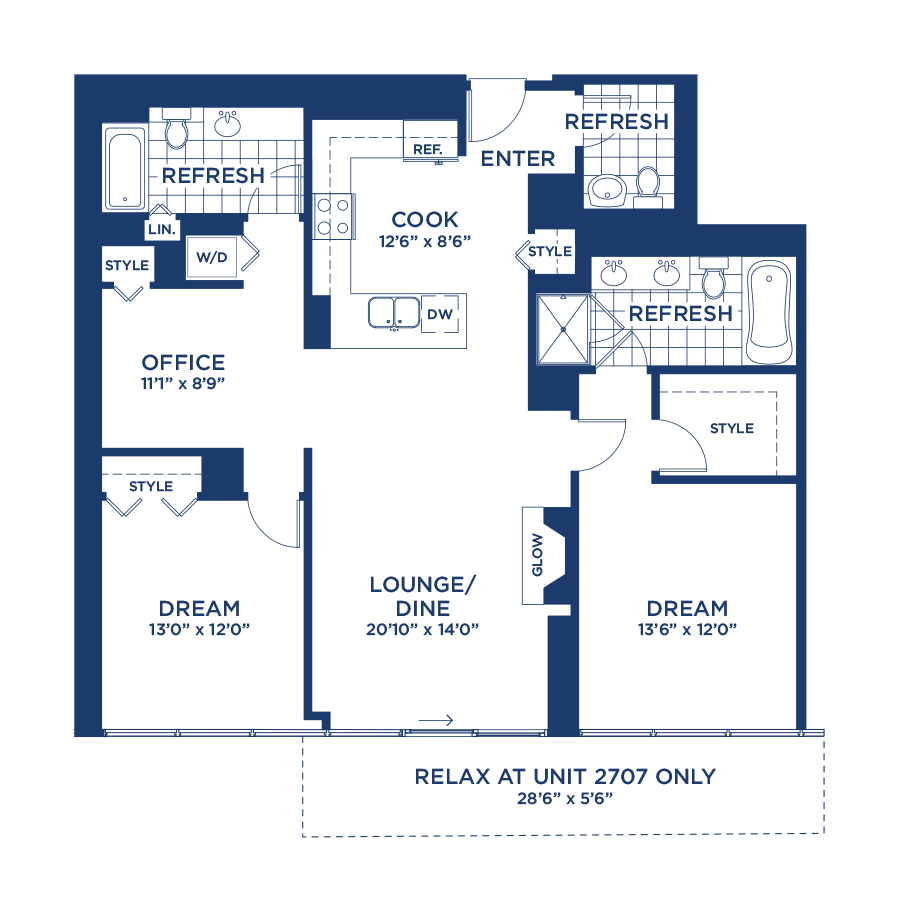 Rendering of the Penthouse 2807 floor plan with 2 bedroom[s] and 2.5 bathroom[s] at burnhampointechicago