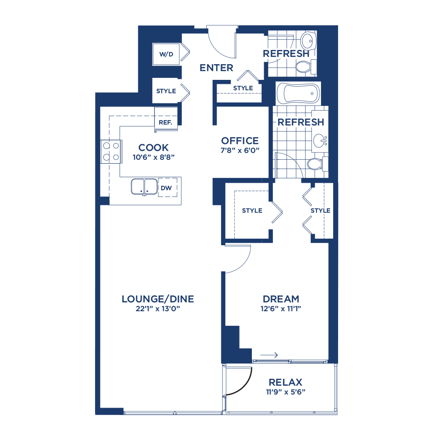 Rendering of the Residence 6 floor plan with 1 bedroom[s] and 1 bathroom[s] at burnhampointechicago