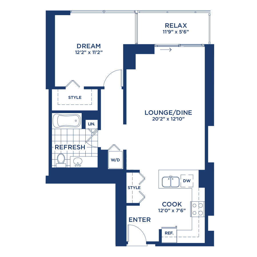 Rendering of the Residence 12 floor plan with 1 bedroom[s] and 1 bathroom[s] at burnhampointechicago