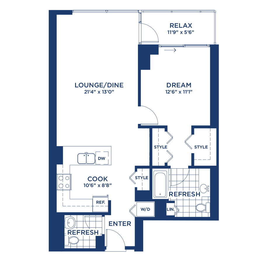 Rendering of the Residence 2 floor plan with 1 bedroom[s] and 1.5 bathroom[s] at burnhampointechicago
