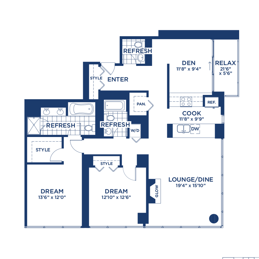 Rendering of the Penthouse 2809 floor plan with 2 bedroom[s] and 2.5 bathroom[s] at burnhampointechicago